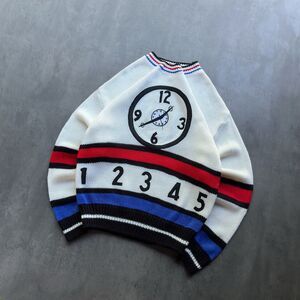 Vtg 80s Pop Art Clock Knit Sweater Good & Plenty Striped Acrylic Mens XL 44 Rare